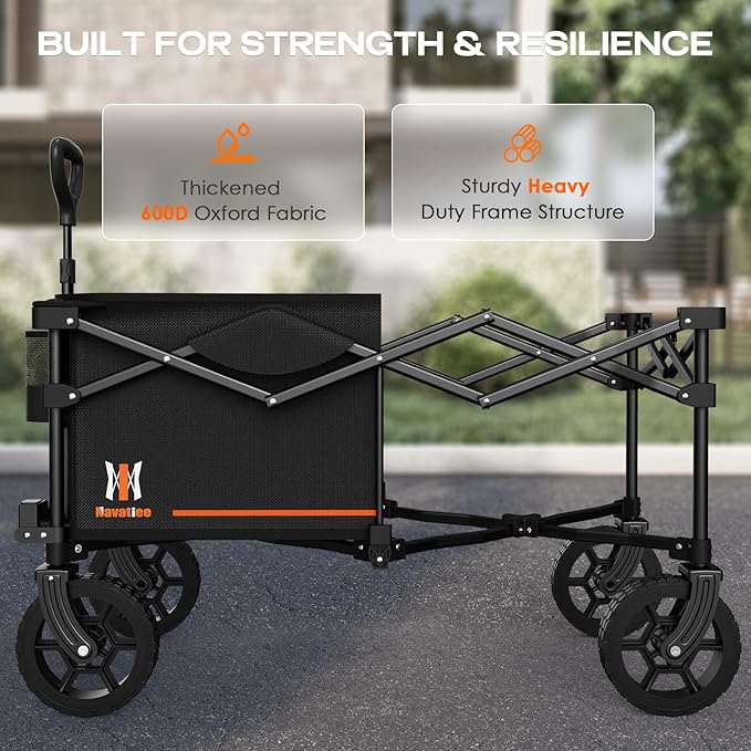 Navatiee 140L Collapsible Folding Wagon, Large Capacity Foldable Wagon with Silent All-Terrain Wheels, Utility Grocery Cart for Camping Shopping Outdoor, Black