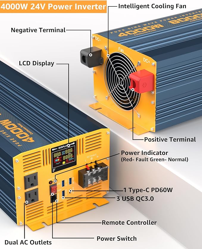 4000W Pure Sine Wave Power Inverter DC 24V to AC 110V 120V for Home RV with Dual AC Outlets 1 USB-C(60W) 3 USB-QC3.0 Fast Car Charger Adapter, LCD Display and Remote Control