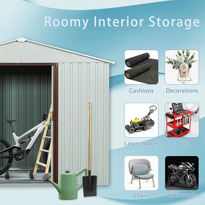 8x4 ft Outdoor Metal Storage Shed with Floor Foundation and Window, Lockable Galvanized Steel Tool Shed with Sliding Door and Air Vent, Waterproof Garden Storage House for Backyard, Patio