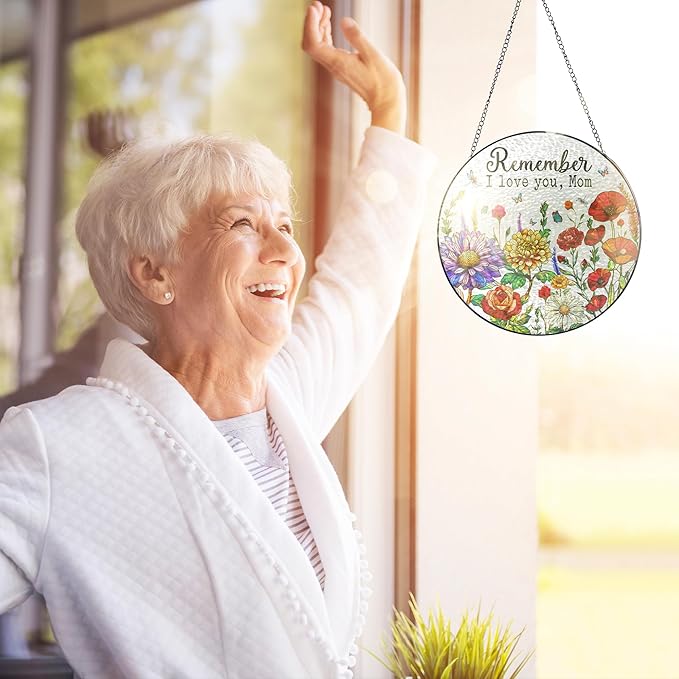 FLAGWIX Christmas Birthday Gifts for Mom from Daughter Son - Stained Glass Window Hanging with Base 8 in - Gardening Birthday Gifts for Mom from Son, Best Presents for Moms, Sun Catchers Indoor Window
