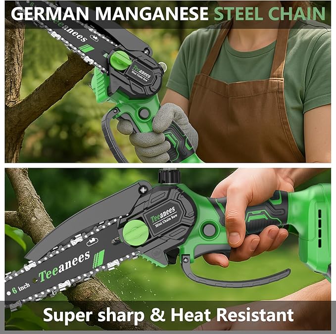 Mini Chainsaw Cordless 6 Inch, Electric Chainsaw Battery Powered with Auto Oiler, Security Lock for Wood Cutting, Tree Trimming, Garden & Household Use(2 Batteries)