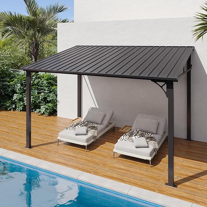 Aoxun 10' x 12' Lean to Gazebo, Hardtop Outdoor Pergola with Sloping Galvanized Steel Roof, Large Wall-Mounted Heavy Duty Awnings for Patio, Backyard, Deck, Porch (Dark)