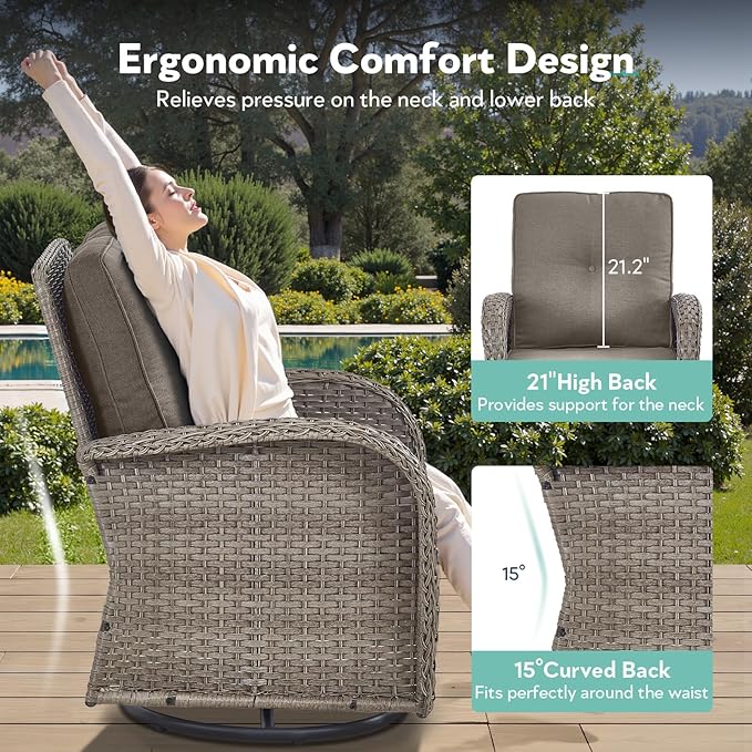 Outdoor Swivel Glider Rocker Chairs Set- 5 Piece Patio Furniture Set, Patio Bistro Sets with Tempered Glass Side Table and 2 Ottoman, for Balcony, Porch - Grey Wicker Grey Cushion