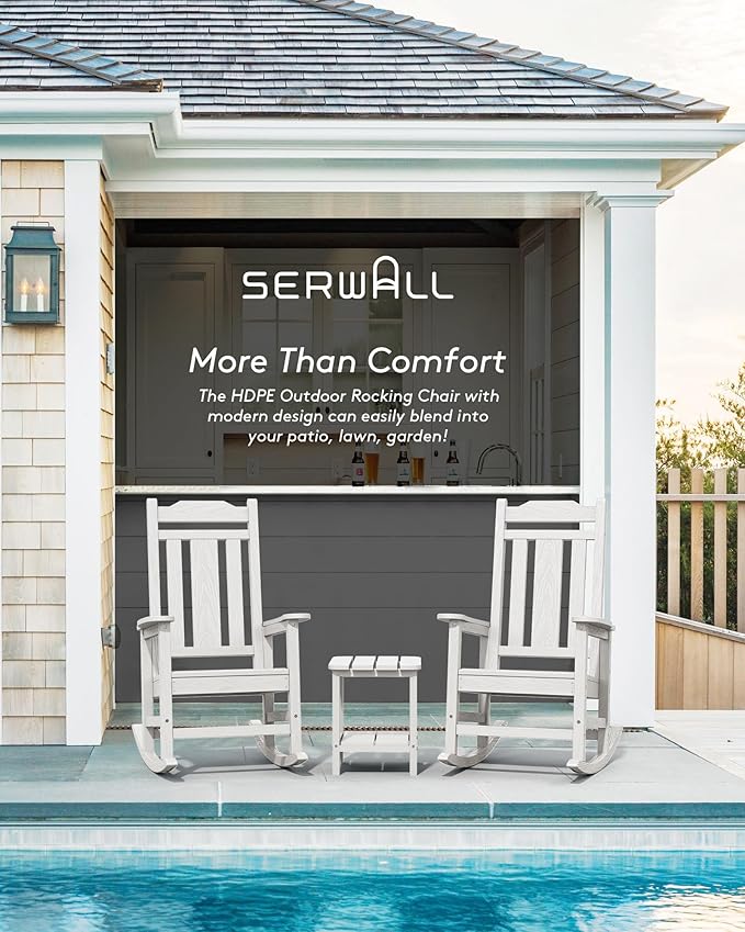 SERWALL White Outdoor Rocking Chair Set of 2, HDPE Outdoor Rocker