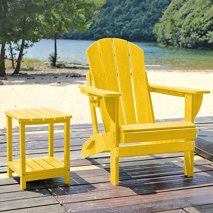 Folding Adirondack Chair, HDPE Outdoor Texture Lawn Chair with Reclining Back, Cup and Phone Holder - Comfortable Firepit Chair Weather Resistant for Patio or Backyard (Yellow, Set of 2)