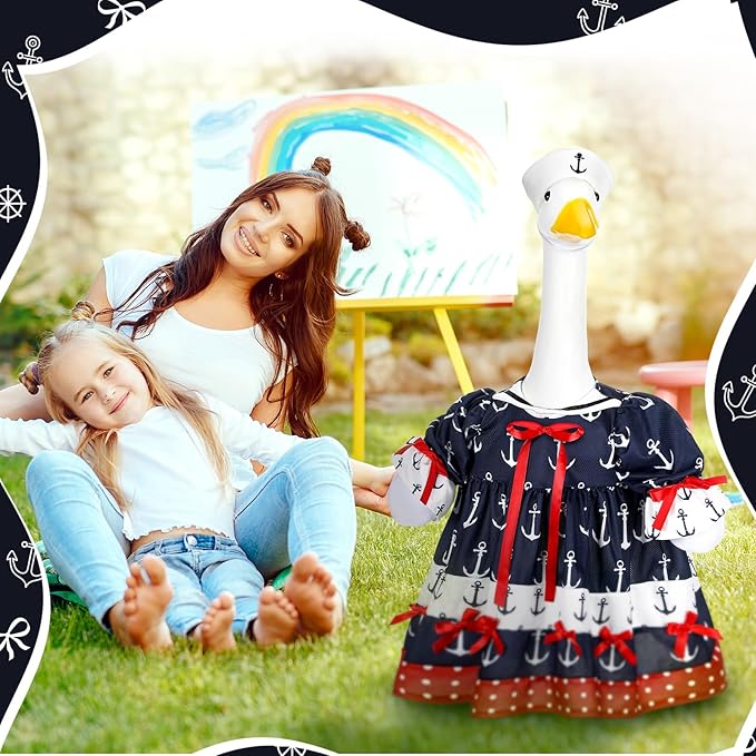 Summer Porch Goose Outfit Nautical Party Sailor Goose Clothes for 23" High Cement or Plastic Geese Costume Cruise Dresses for Yard Lawn Outdoor Garden Patio Anchor Ocean Holiday Beach Decor
