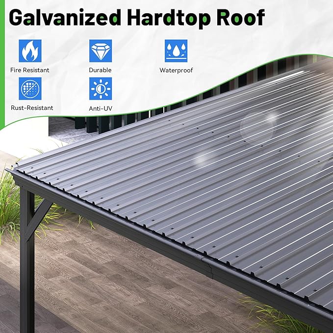 8x8FT Lean to Gazebo, Outdoor Hardtop Wall Mounted Gazebo with Gutter & Sloping Galvanized Steel Roof, Metal Hard Top Awnings for Deck, Porch, Backyard