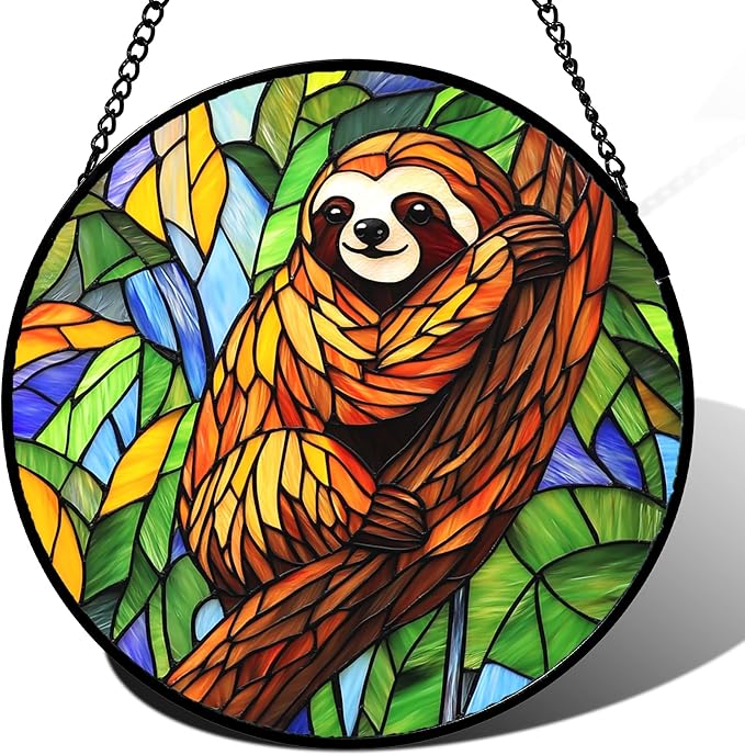 Stained Glass Window Hanging - Funny Sloth Suncatcher for Doors Garden Patio Cute Sun Catchers Decor Christmas Mother's Day Birthday Teenager Gifts for Women Men Mom Nana Friend 6.3 in