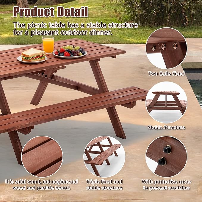 Picnic Table with Bench for 12 Person Rectangle Outdoor Wooden Outdoor Picnic Table for Patio Garden Backyard Large Outside Dining Table Set with Umbrella Hole