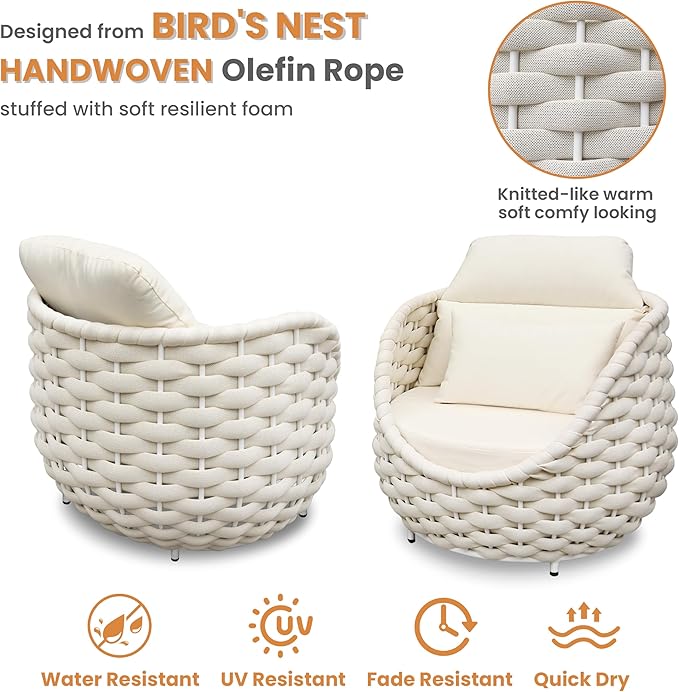 Patio Accent Chairs: Aluminum Porch Lounge Chair with Arms - Woven Rope Cushioned Armchair - Modern One Seater Sofa - Outdoor Deck Furniture for 400lbs Balcony Yard Garden Hotel, Beige