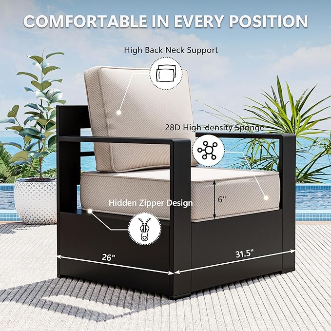 Outdoor Patio Furniture Set, 4-Piece Aluminum Patio Conversation Set All-Weather Metal Outdoor Sectional with 6 Inch Thick Cushions, Deep Setting for Garden, Outside and Porch