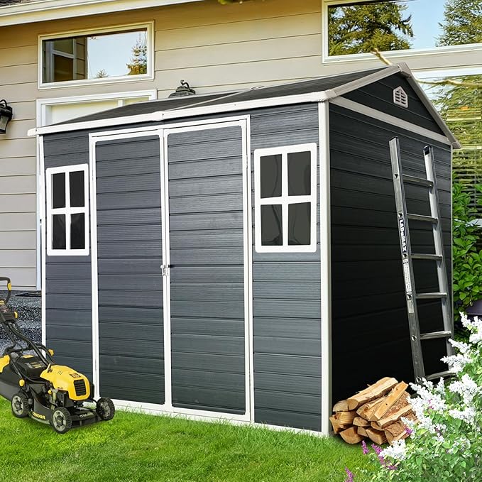 Outdoor Storage Shed with Two-Window and Double-Door, Resin Storage Shed with Lockable Door, Plastic Shed with Floor for Gargen, Patio, Yard, Lawn (Black, 8 x 6 FT)