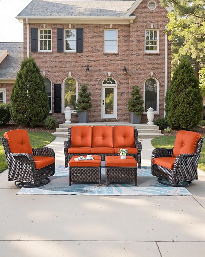Pop 22x25/22x24 Outdoor Cushions for Patio 5 Piece Set - Set of 5 Water-Repellent Replacement Cushion for Wicker Dining Rocking Swivel Chairs Loveseat Couch Sectional Sofa - Orange/Button