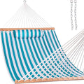 Lazy Daze Hammocks 12FT Quilted Fabric Double Hammock with Spreader Bars and Detachable Pillow, 2 Person Hammock for Outdoor Patio Backyard Poolside, 450 LBS Weight Capacity, Sailor Stripe