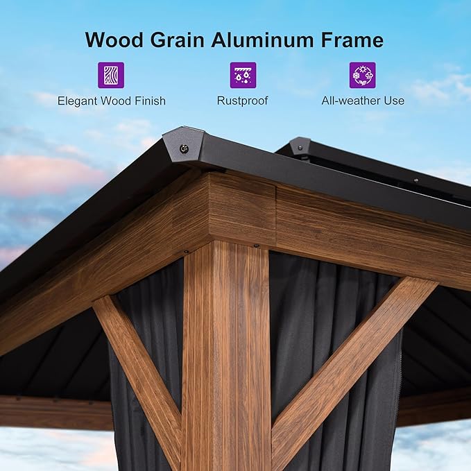 PURPLE LEAF 10' X 12' Hardtop Gazebo with Storage Box Outdoor Wood Grain Aluminum Frame Galvanized Steel Double Roof Gazebos with Netting and Curtains for Patio Deck Backyard Garden