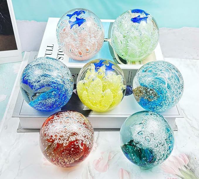 Decorative Crystal Ball Figurines Ocean Waves Paperweight Blown Glass Decor Sea Art Ocean Lovers Gift Red 3.15"