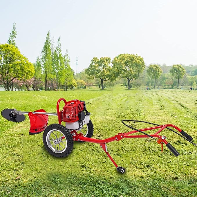49CC 2-Stroke Walk Behind String Mower, 2-in-1 Hand Push Grass Cutter, 1500W Air-Cooled Floor Mount 0.33gal Fuel Tank Capacity W/Weeding Baffle, Weeding & Loosening Blade for Mowing Gardens