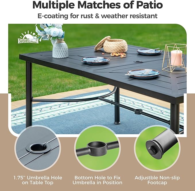 7 Pcs Patio Dining Set for 6, Rectangular Metal Dining Table with Umbrella Hole and 6 Chairs, Outdoor Table and Chairs Set for Lawn Garden Backyard and Deck, Blue