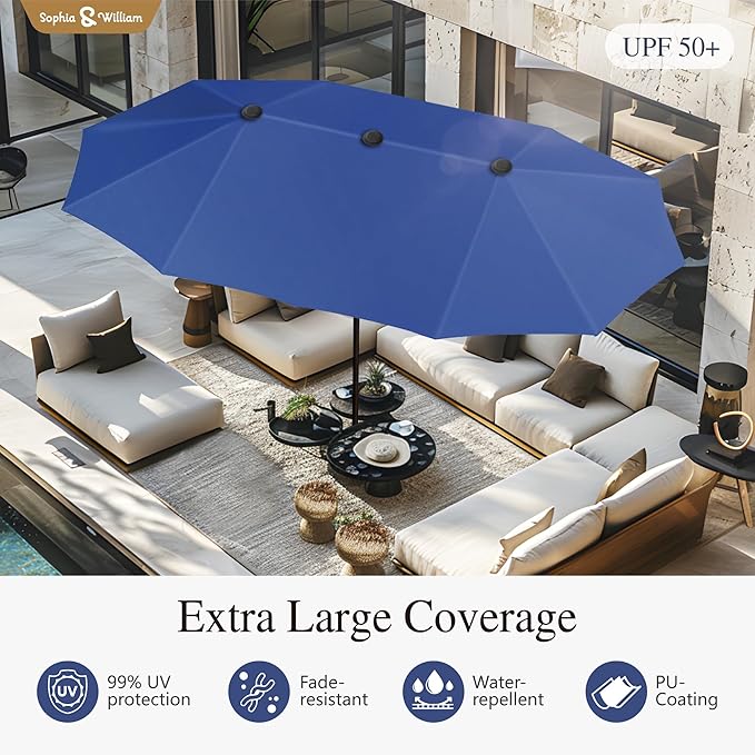 Sophia & William Patio Set with Umbrella Patio Dining Set for 6 with 13ft Rectangle Patio Umbrella Navy, 6 x Patio Chairs Grey, 1 Wood Like Outdoor Dining Table with Umbrella Hole for Lawn Garden