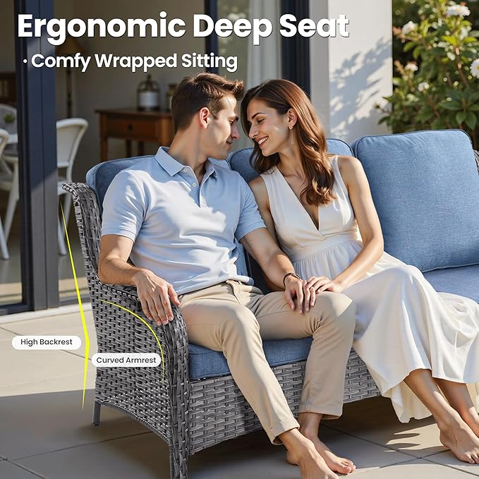 ovios 7 Pieces Patio Furniture Set, Outdoor Wicker Sofa Couch with Swivel Chairs 42" Fire Pit Table, High Back All Weather Modern Conversation Sets, Grey Rattan, Denim Blue