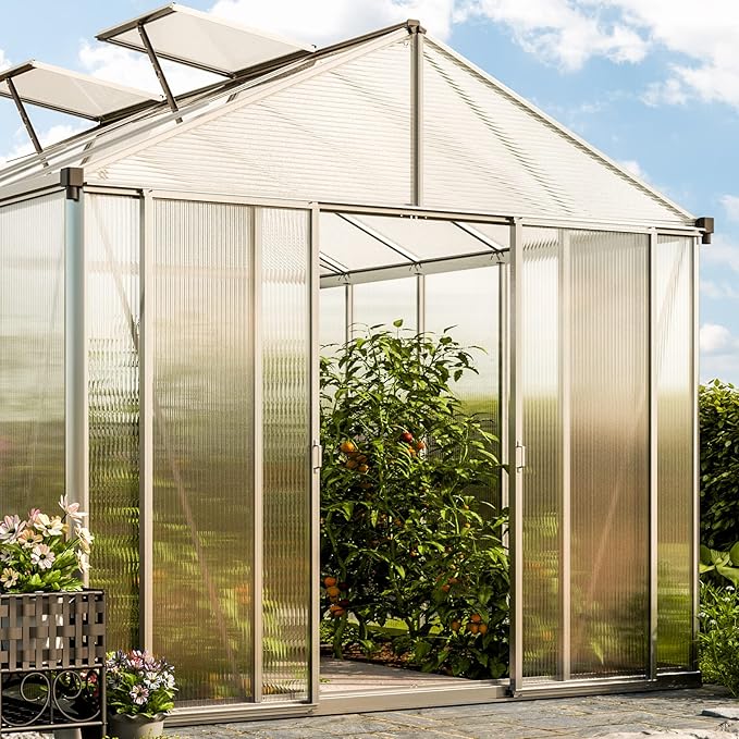 Greenhouse Rubin 7 Aluminum Frame 8.6 x 14.6 ft with Approx. 10 mm Polycarbonate Panels - with 2 Extra Skylights and 2 Automatic Window Openers
