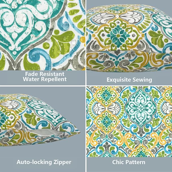 LVTXIII Outdoor Throw Pillow Covers 16 x 16 Inch, Covers ONLY Modern Cute Pattern Decorative Square Toss Pillow Case Pack of 2 for Home Patio Garden Sofa Bed Furniture, Damask Green