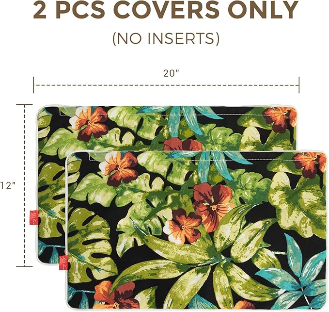 Lumbar Pillow Covers Set of 2, Outdoor Indoor Waterproof Decorative Patio Lumbar Pillowcase Shell 12x20 Inch, Rectangular Cushion Case for Couch Sofa Garden Farmhouse-Maui Tropical Black
