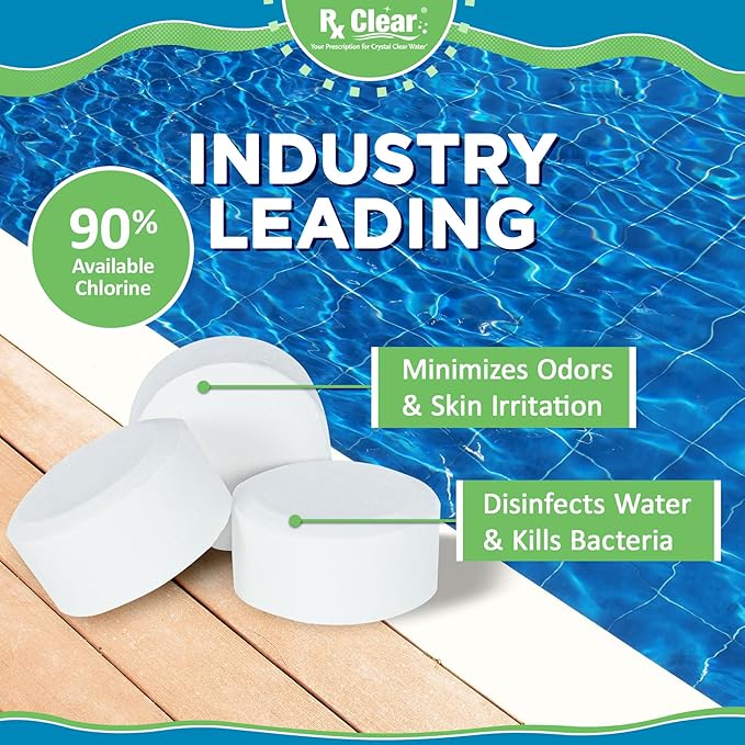 Rx Clear 1" Inch Chlorine Tabs | 100 Pounds | Use Tablets as Bactericide, Algaecide, & Disinfectant in Swimming Pools | Stabilized, Long Lasting, Slow Dissolving, & UV Protected (2 x 50 LB Buckets)