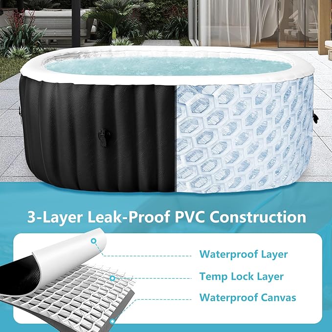 2 Person Oval Inflatable Hot Tub, 100 Air Jets, 145 Gal, Black, PVC, Oval Shape, 75' L X 47'W X 25'H