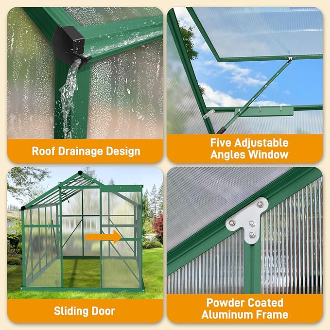 VINGLI Greenhouse, 6x10 FT Heavy Duty Polycarbonate Greenhouse with 5 Roof Vents, Aluminum Frame, Sliding Doors, Green