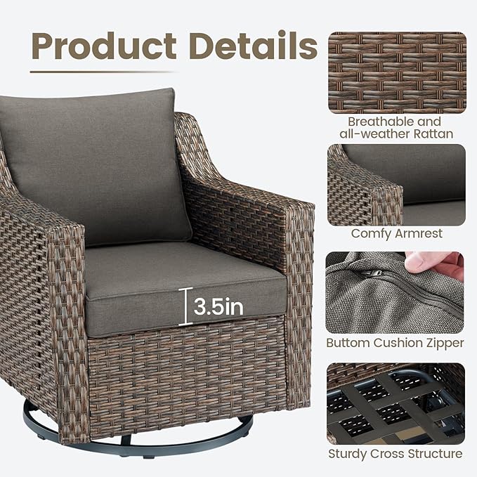 Outdoor Patio Wicker Swivel Chairs - Set of 4 Outside Rattan Rocker Glider Chair Rocking Armchairs for Front Porch Balcony Backyard Yard Deck Poolside Apartment – Brown/Grey