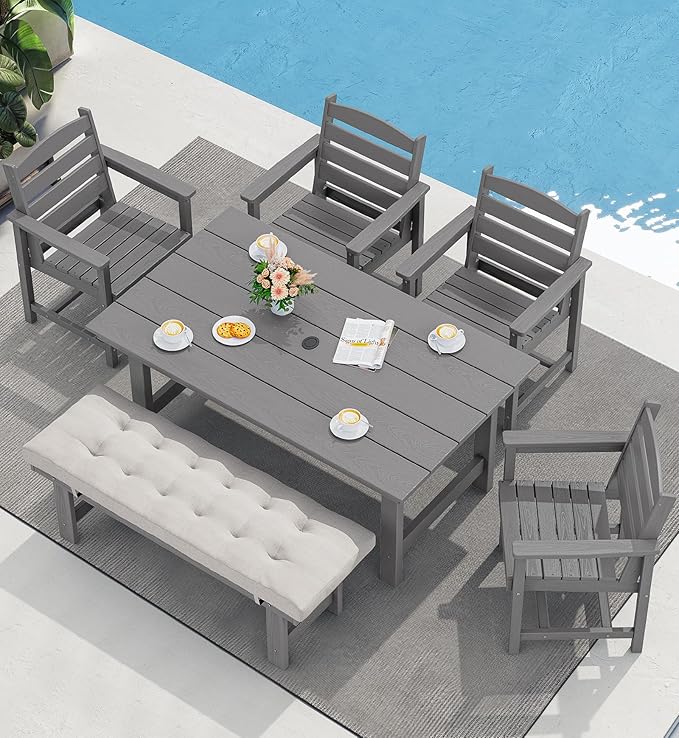 SERWALL Outdoor Dining Set for 6, HDPE Outdoor Furniture with Umbrella Hole & 1 Cushioned Bench & 4 Outdoor Dining Chairs, Grey