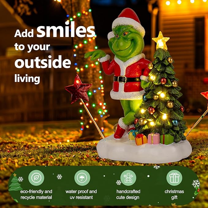 Green Monster Solar Garden Statue with Christmas Tree and 6 LED Lights - Outdoor Figurine - Glossy Resin - Waterproof - Spot Clean - Christmas Decor