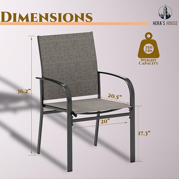HERA'S HOUSE Patio Dining Chairs Set of 8, 36" Textilene Fabric Outdoor Chair with Wrought Iron Metal Frame Support 350lbs for Lawn Garden Backyard Kitchen, Brown