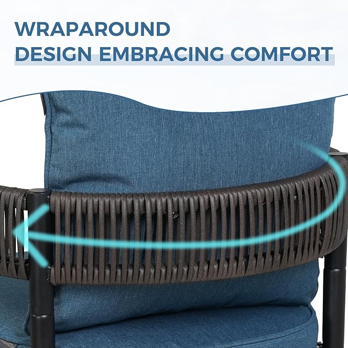 Grand patio Outdoor Dining Chair Set of 2, 2 Pieces Patio Dining Chairs, Metal Woven Wicker Swivel Patio Chairs with Peacock Blue Cushions for Backyard, Deck, Garden, Porch, Lawn and Poolside (Brown)