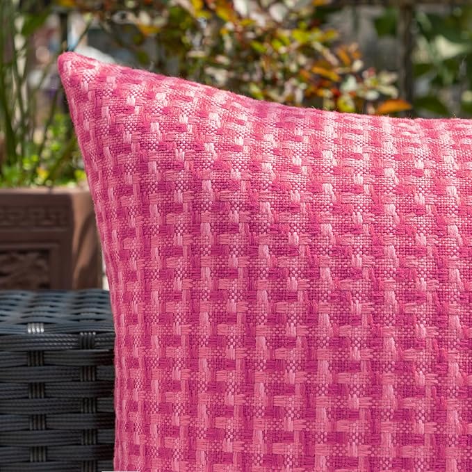 Kevin Textile Outdoor Waterproof Throw Pillow Covers Pack of 2 Valentines Day Weaving Texture Water Resistant Decorative Cushion Covers for Garden Patio Tent Balcony Bench Couch 18x18 Inch, Hot Pink