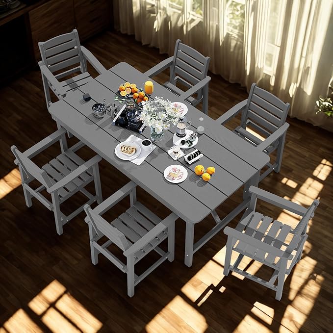 7 Piece Patio Dining Set with 11ft Patio Umbrella (Dark Green), 7 Gray Outdoor HDPE Dining Set with 6 Chairs + 1 Large Table, for Market, Pool, Garden, Backyard, Deck