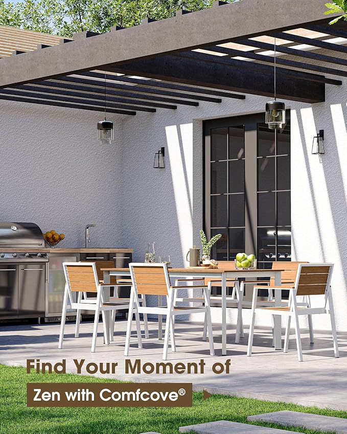 Outdoor Patio Dining Set for 6, Aluminum 7 Piece HDPE Patio Table and Chairs Set with Umbrella Hole, Modern Rectangular Patio Furniture Set with All-Weather Table & 6 Chairs (White & Teak)