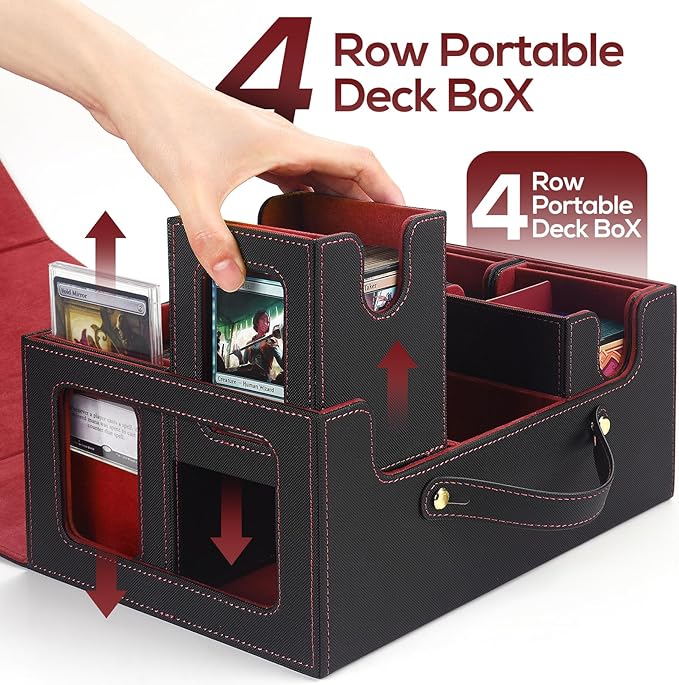 Trading Card Storage Box for MTG, card storage box with Commander Display，Multi-purpose Deck Case for MTG TCG Sports Card, 4 Toploaders, 4 Stoppers, 4 Colorful Dividers (Black & Red)