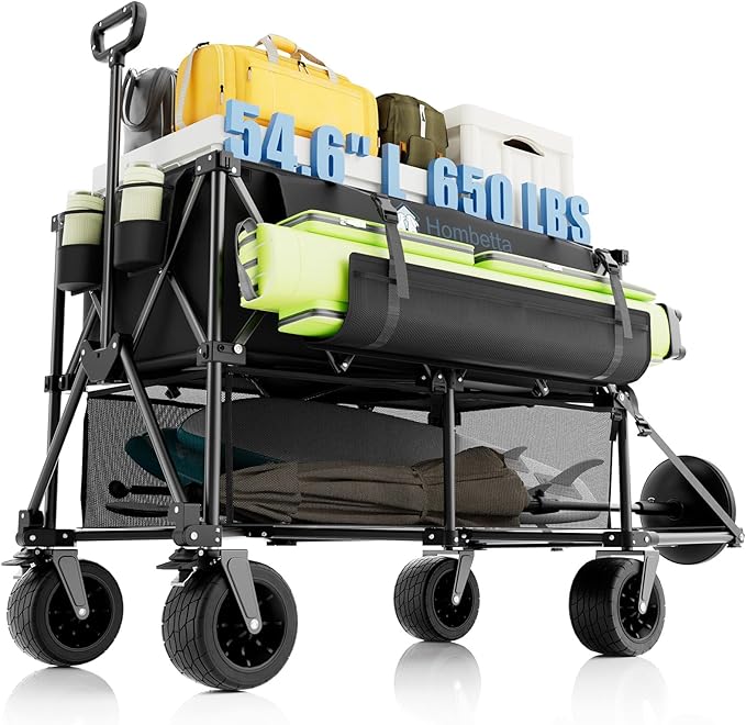 Folding Double Decker Wagon, 560LBS Heavy Duty Utility Cart with Brakes, 400L Wagon Cart with Wheels Foldable, All-Terrain Big Wheels for Camping, Beach, Picnic, Outdoor Use, Black