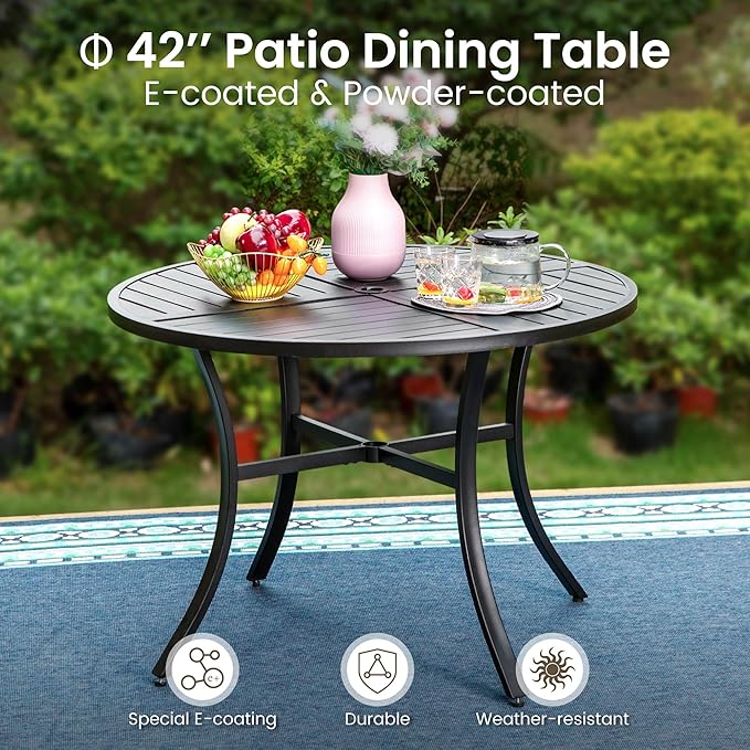 PHI VILLA 5 Pieces Outdoor Dining Set with Umbrella for 4, Round Metal Iron Dining Table & Wicker Chairs with Cushions & Large Red Umbrella, Morden Dining Furniture for Patio, Deck, Yard, Porch