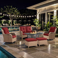 6 Pieces Patio Furniture Set with Fire Pit Table, Wicker Rattan Outdoor Furniture Set with Loveseat and Swivel Chairs for Yard, Deck, Garden, Yellow Wicker/Red Cushion