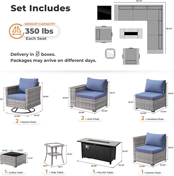 ovios 10 Pieces Patio Furniture Set, Outdoor Wicker Sectional Sofa with 54" Fire Pit Table Swivel Chairs, Modern Modular Deep Seat Rattan Couch Conversation Sets, Denim Blue