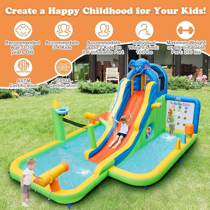 BOUNTECH Inflatable Water Slide, Elephant Surfing Slide Kids Water Park Jump Bouncy Castle w/2 Splash Pools, Hide & Seek Cave, GFCI Blower, Water Slides Inflatables for Big Kids Outdoor Backyard Gifts
