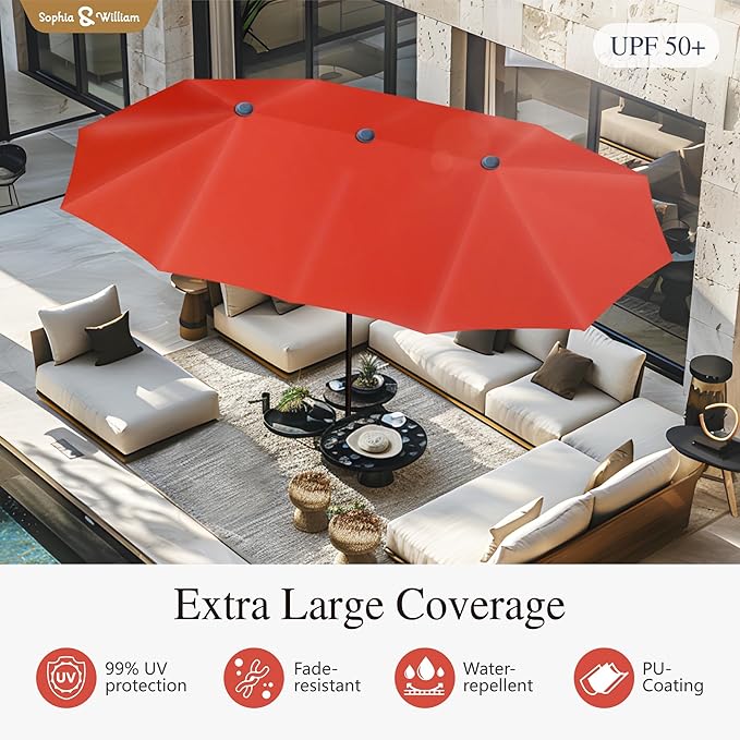 Sophia & William Patio Set with Umbrella Patio Dining Set for 6 with 13ft Rectangle Patio Umbrella Red, 6 x Patio Chairs Brown, 1 Wood Like Outdoor Dining Table with Umbrella Hole for Lawn Garden