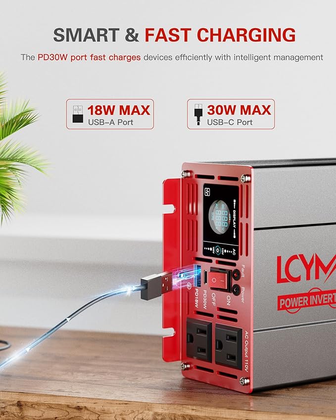 1000 Watts Pure Sine Wave Power Inverter 12V DC to 110V 120V AC Converter for Home RV Off Grid Truck Solar System Inverters with Type-C PD30W USB QC3.0 Port 2 AC Outlets LCD Display and Remote Control