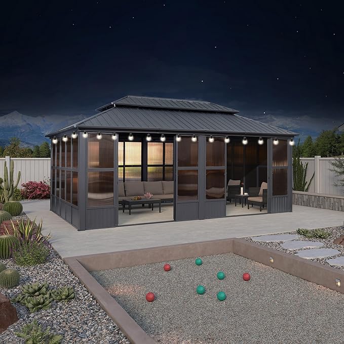 PURPLE LEAF 12' X 20' Sunroom with Light Permanent Hardtop Gazebo Solarium Galvanized Steel Double Roof Aluminum Outdoor Screen House for Patio Deck Backyard Grey