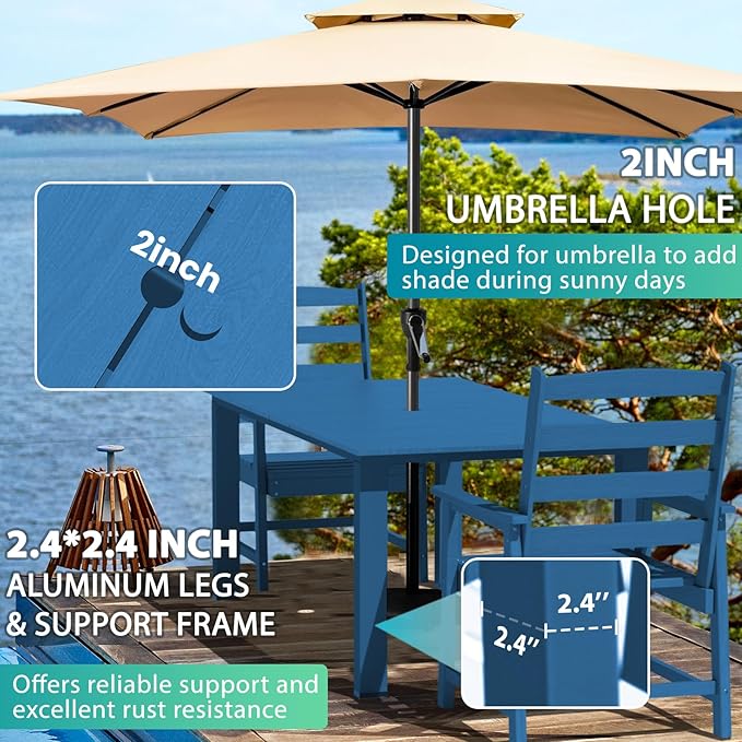LOUNZY 9 Pieces Patio Dining Sets, Outdoor HDPE Furniture Set for 8 w/ 2" Hole Cut-Out Dining Table with 8 Patio Chairs(2 W/Armrest, 6 w/o Armrest), Navy