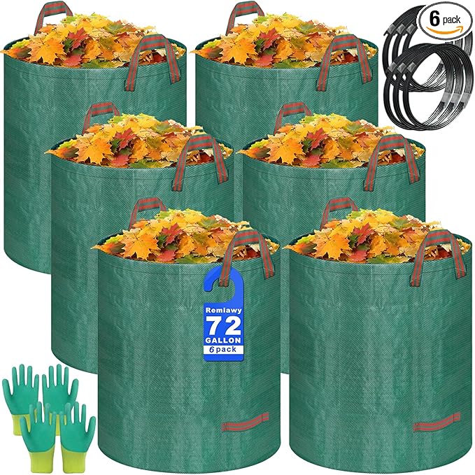 Reusable Yard Waste Bags, 72 Gallon Lawn and Leaf Bags, 6 Pack Garden Weed Heavy Duty with 4 Handles Standable&Collapsible Outdoor Trash Bags, Camping Yard Recycling Bags with 2 Pair of Gloves