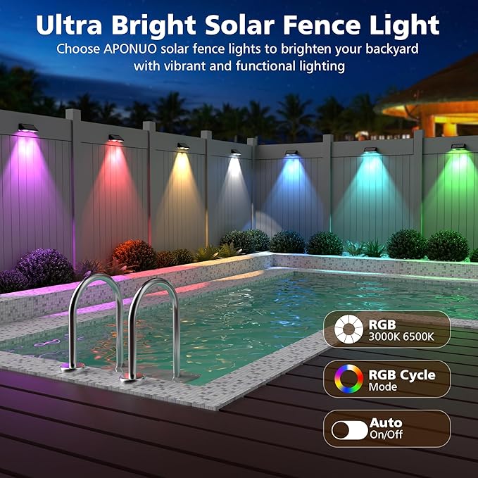 APONUO Solar Fence Lights Outdoor Waterproof, Fence Lights Solar Powered, 9 RGB Color Modes&Warm White&Cool White, Fence Solar Light Outdoor for Backyard, Patio, Wall, Yard,Deck（Black, 12 Pack）